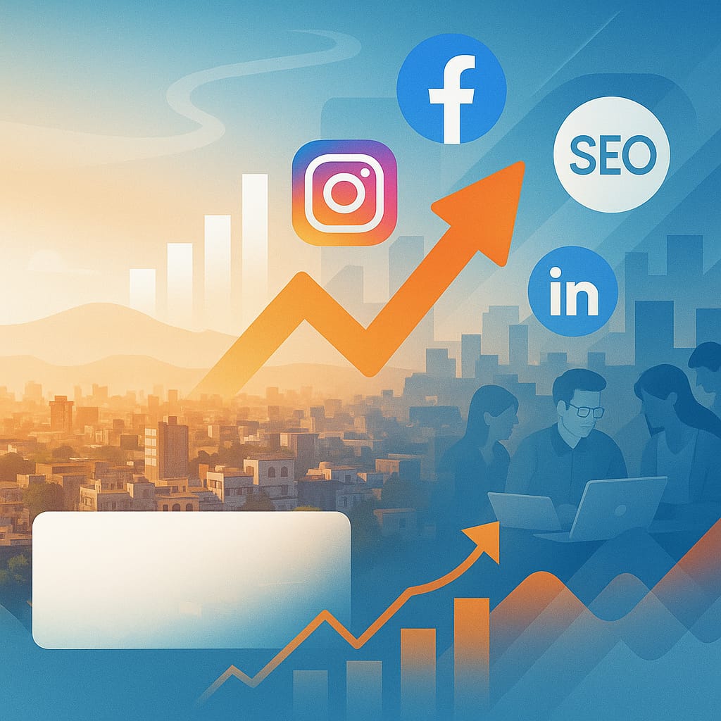 Digital marketing growth illustration showing rising graphs, social media icons (Facebook, Instagram, LinkedIn), SEO, and a team working on laptops over a cityscape background.
